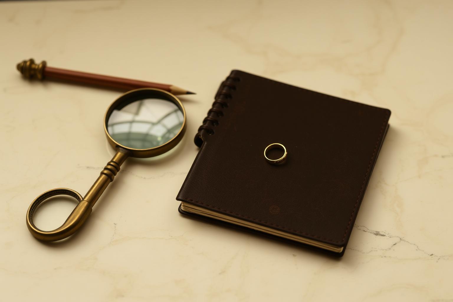Antique brass loupe and pencil on a leather notebook with a gold ring, on cream marble