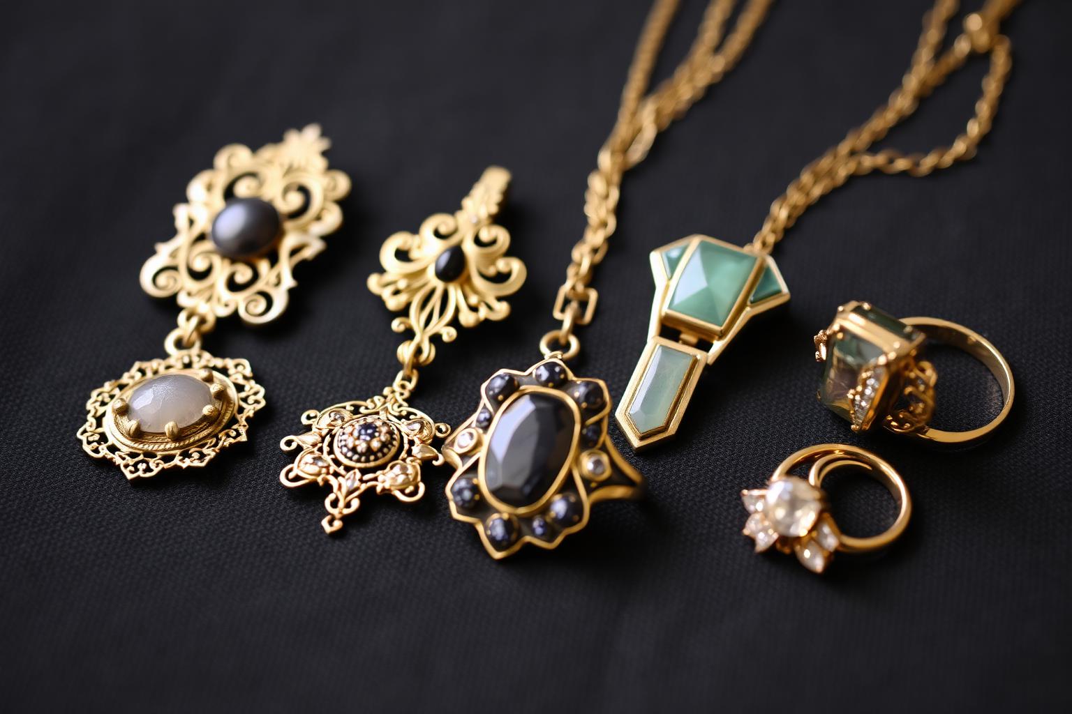 Seven vintage jewels from successive style periods on dark linen