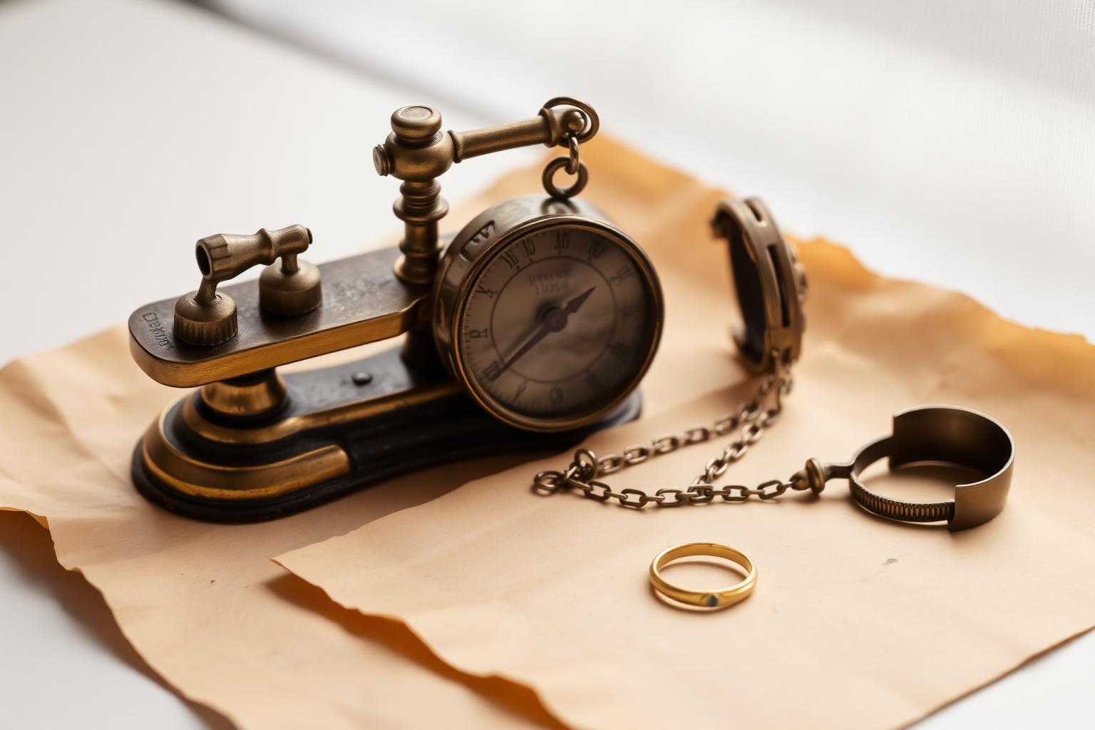 Antique brass scale, loupe and gold ring on yellowed paper