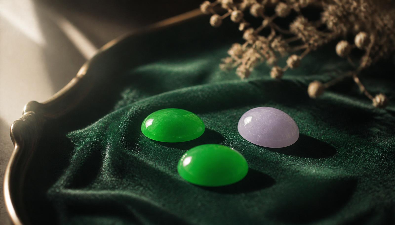 Twee jadeïet-cabochons in zacht keizersgroen en één nefriet-tablet in gedempt spinaziegroen op flessengroen fluweel — sfeerbeeld, geen determinatievoorbeeld.