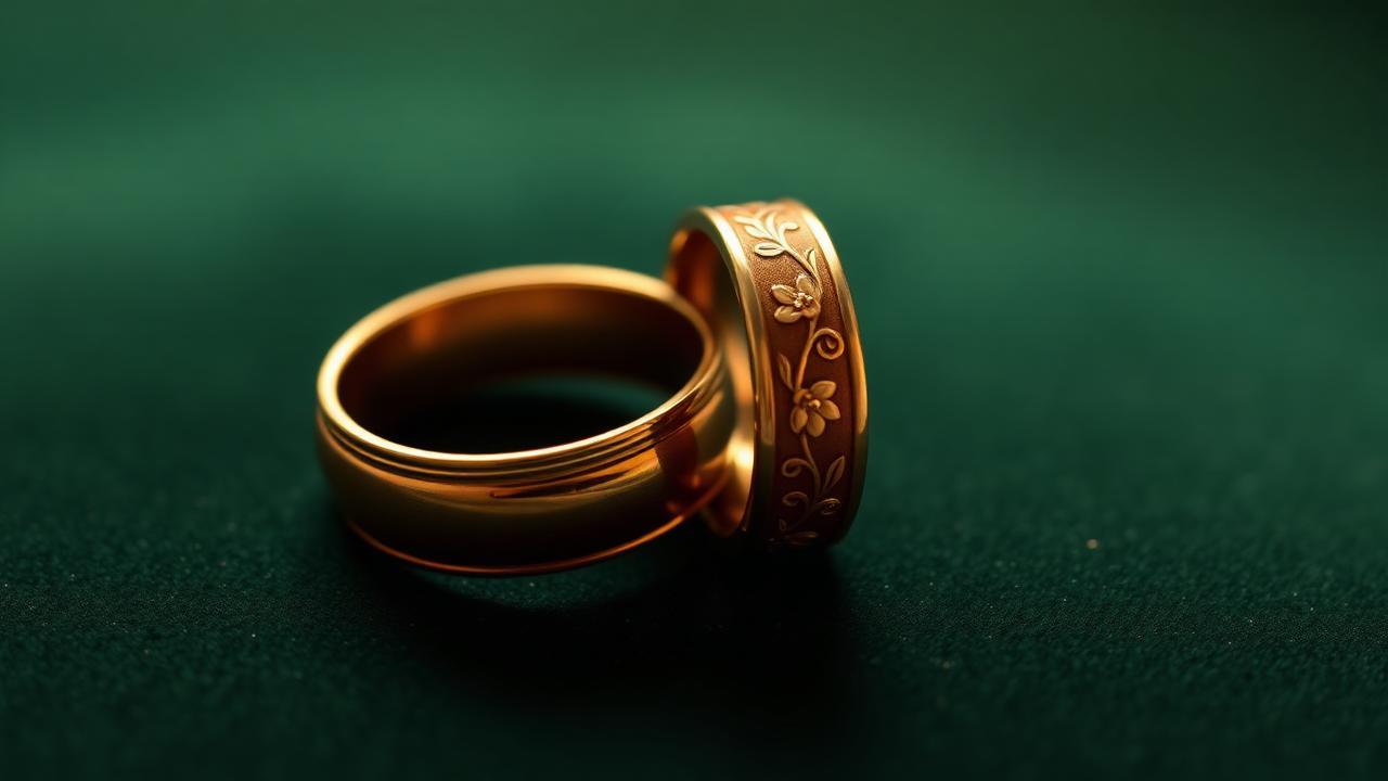 Two antique gold wedding rings side-by-side, one with a floral engraving, on bottle-green velvet — mood image, not a specific example for identification.