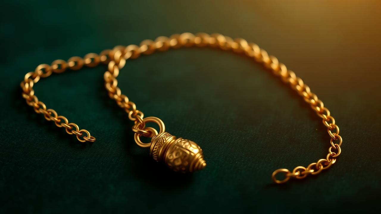 Antique rolled gold and pinchbeck watch chain with fob on bottle-green velvet — atmospheric image, not an identification example.
