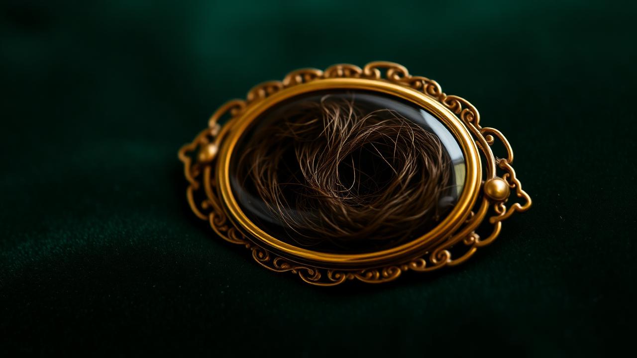 Victorian mourning brooch with hair braiding under glass on bottle-green velvet — atmospheric image, not a determination example.
