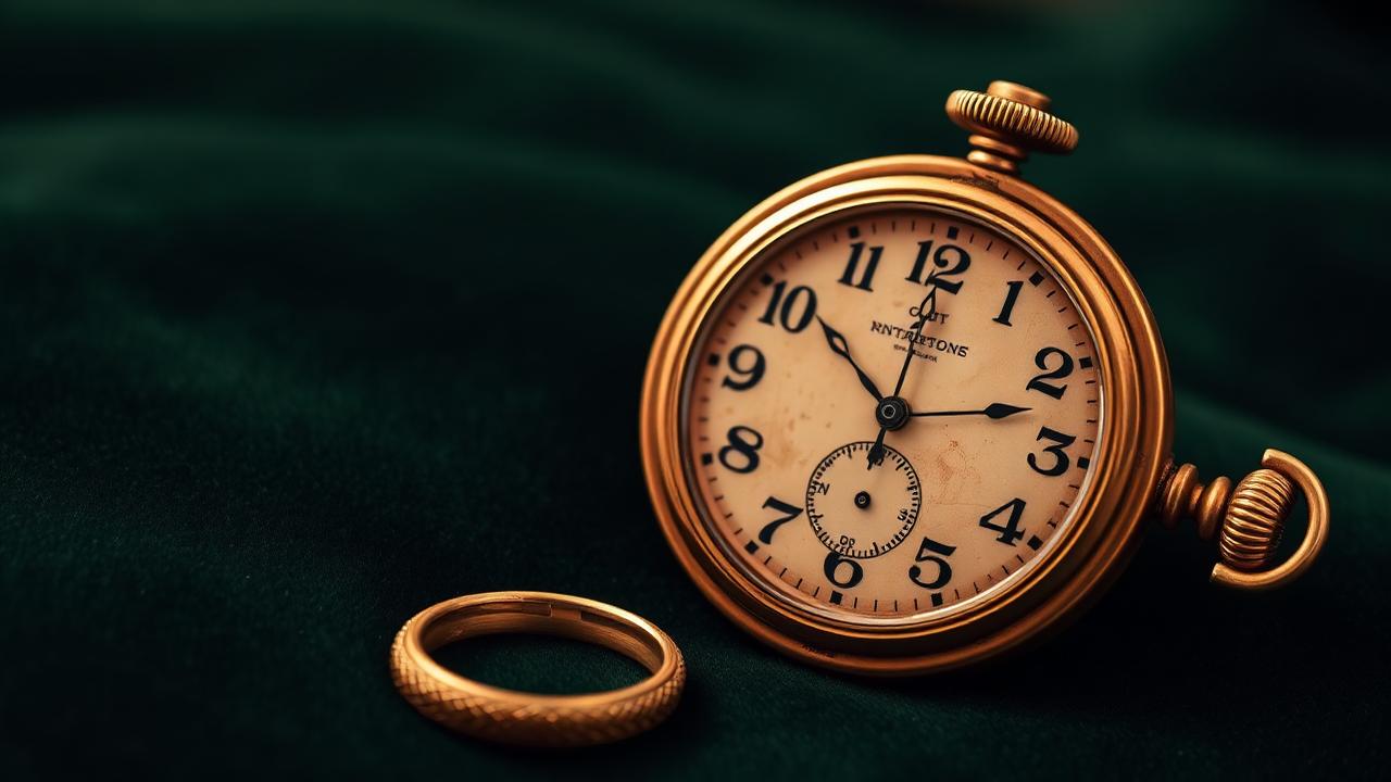 Antique ring next to open pocket watch with patina on bottle-green velvet — atmospheric image, not a dating example.