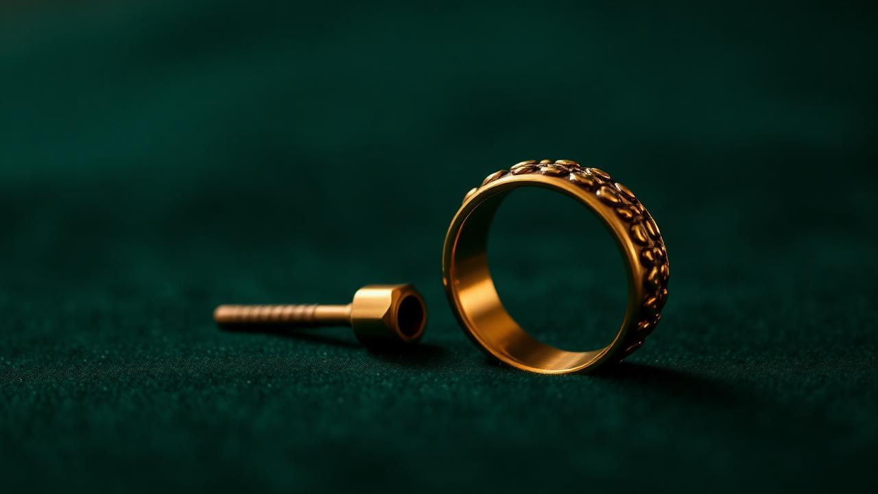 Gold ring next to brass ring sizer mandrel on bottle-green velvet — atmospheric image, not an example for identification.