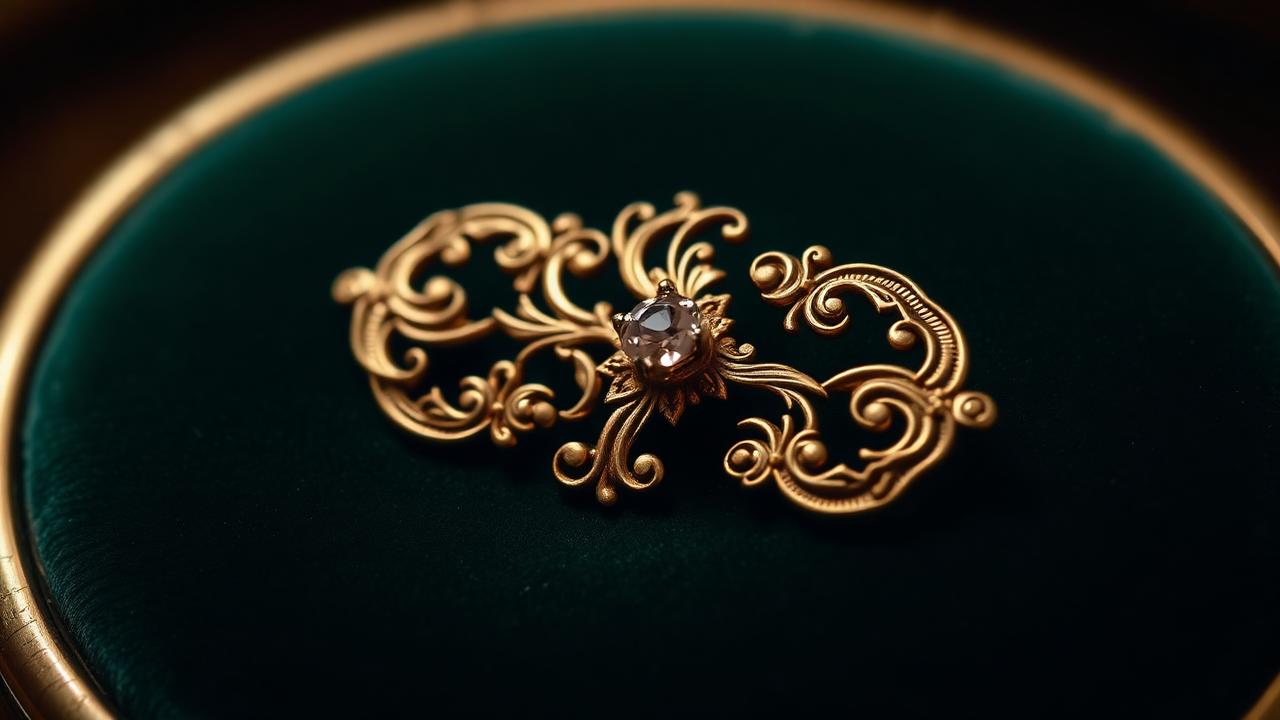Finely crafted gold brooch with diamond, value above scrap, on bottle green velvet — evocative image, not a determination example.