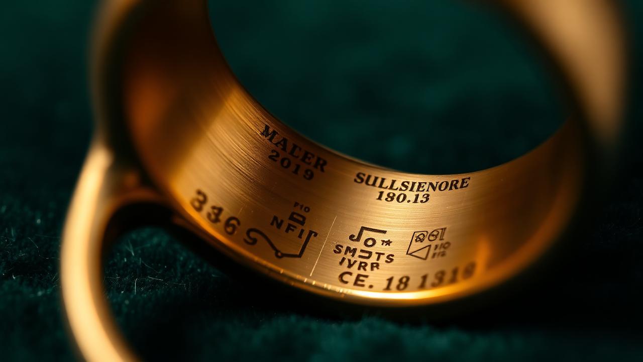 Detail of hallmarks on the inside of a gold ring on bottle green velvet — atmospheric image, not an example for identification.