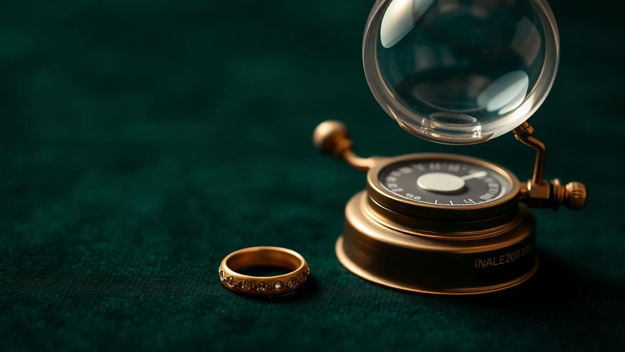 Appraisal table with loupe, scales, and notepad next to a gold ring on bottle-green velvet — atmospheric image, not a determination example.