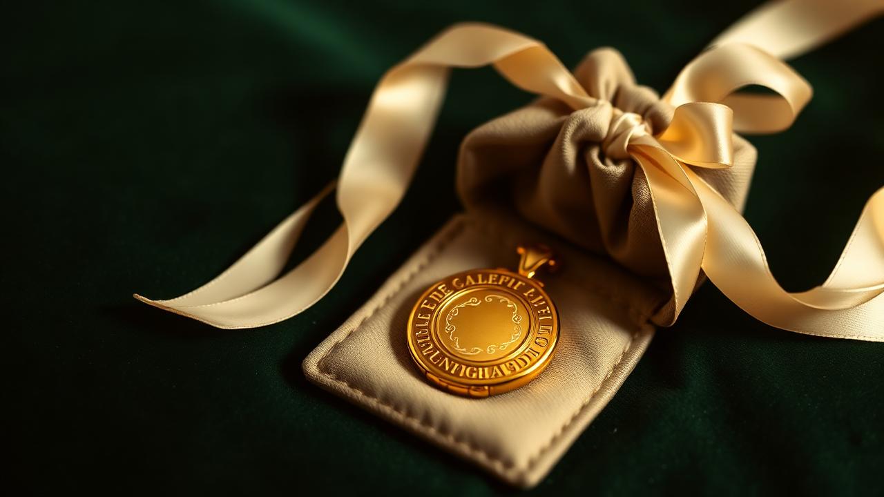 Vintage gold locket in a silk pouch with a satin ribbon on bottle-green velvet — atmospheric image, not a specific identification example.