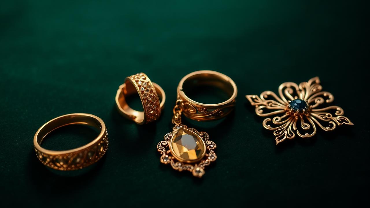 Two plain gold rings side-by-side on bottle-green velvet — atmospheric image, not a determination example.