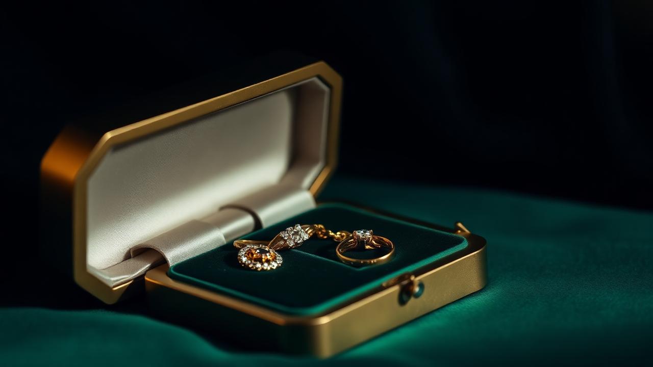 Vintage jewellery in an open, velvet-lined safe deposit box on bottle-green velvet — atmospheric image, not an identification example.