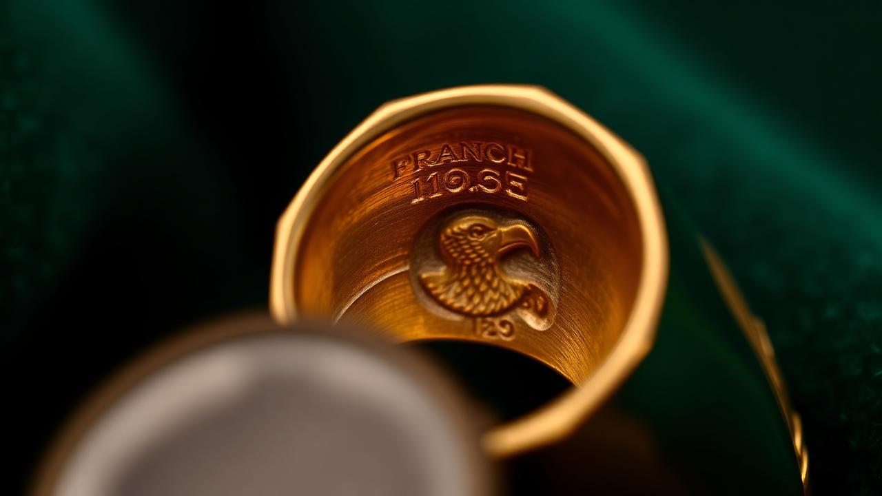 French poinçon detail on bottle-green velvet – atmospheric image, not a determination example.
