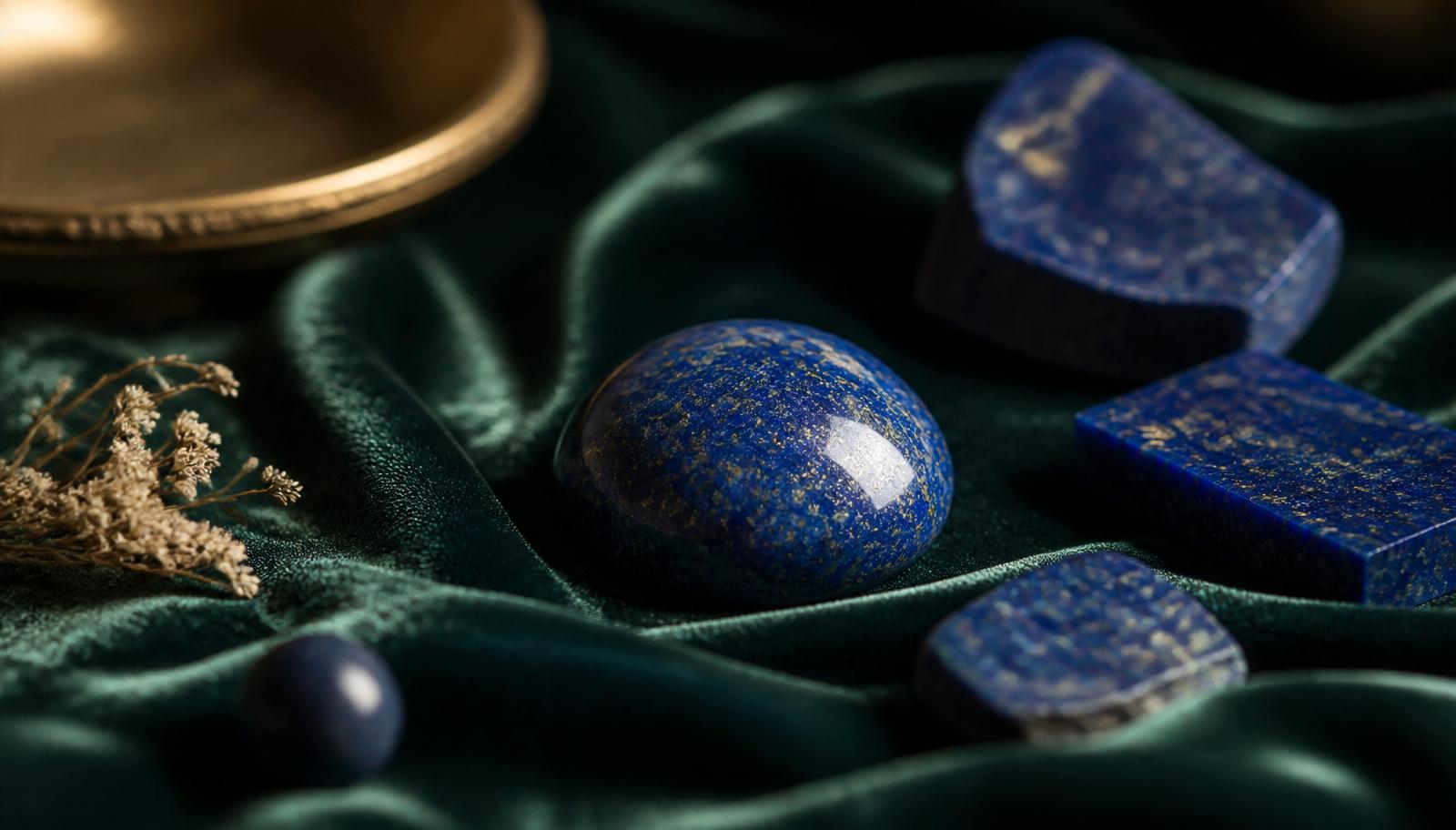 Twee lapis-lazuli cabochons in diep ultramarijn met fijne pyriet-spikkels en een ruw fragment op flessengroen fluweel — sfeerbeeld, geen determinatievoorbeeld.