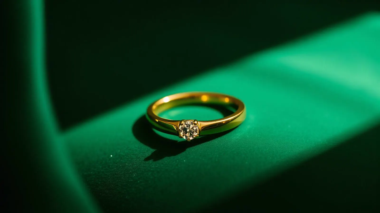 Modernistische gouden band met briljant op flessengroen fluweel; sfeerbeeld, geen determinatievoorbeeld.