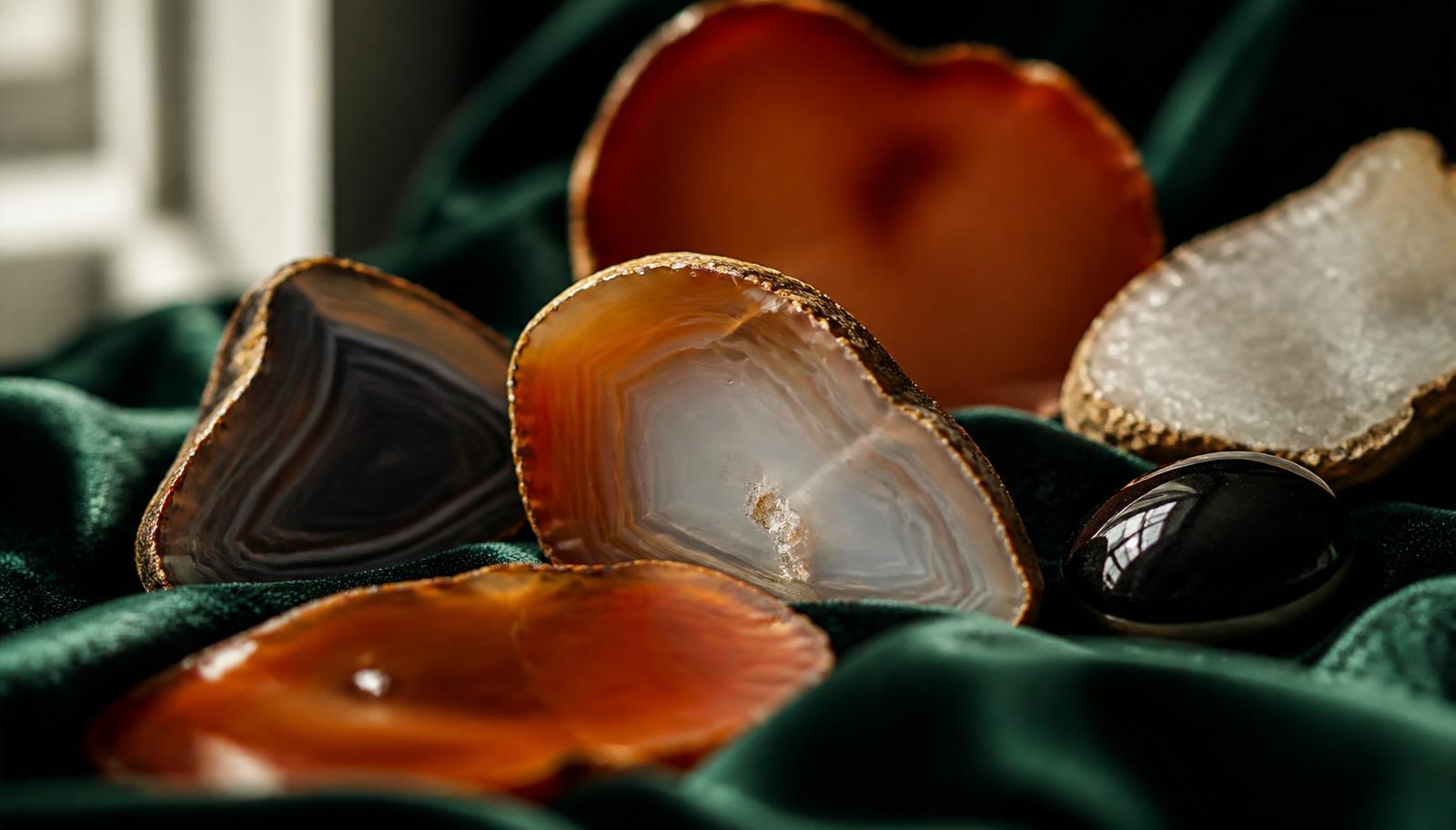 Een stapeltje agaat-schijfjes met heldere lagen en één zwarte onyx-cabochon op flessengroen fluweel — sfeerbeeld, geen determinatievoorbeeld.
