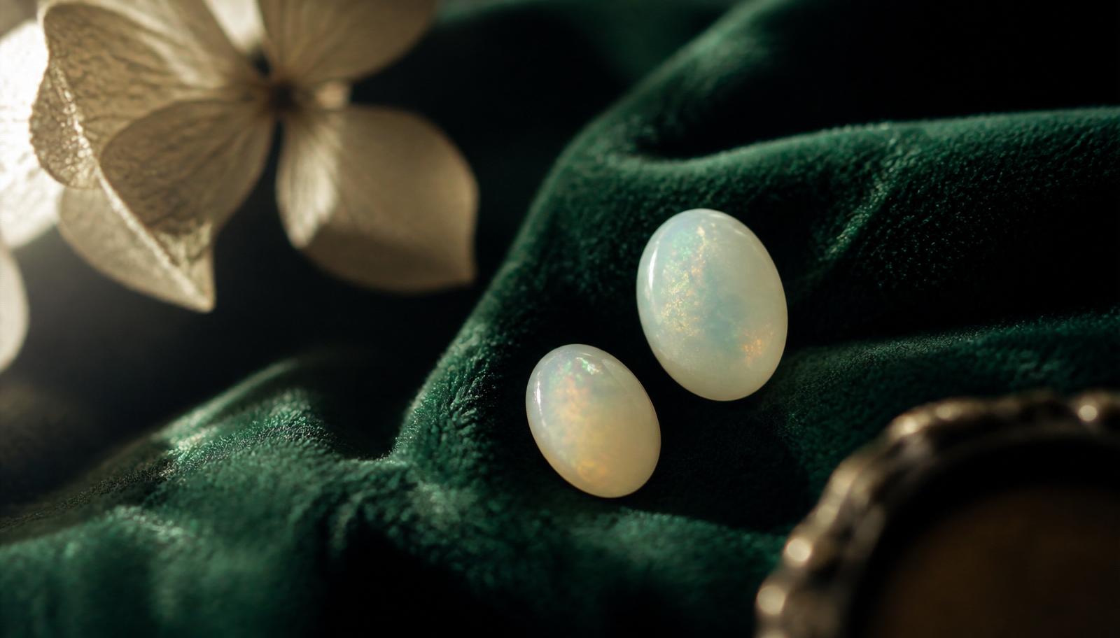 Twee witte opaal-cabochons met zachte kleurenspel op flessengroen fluweel — sfeerbeeld, geen determinatievoorbeeld.