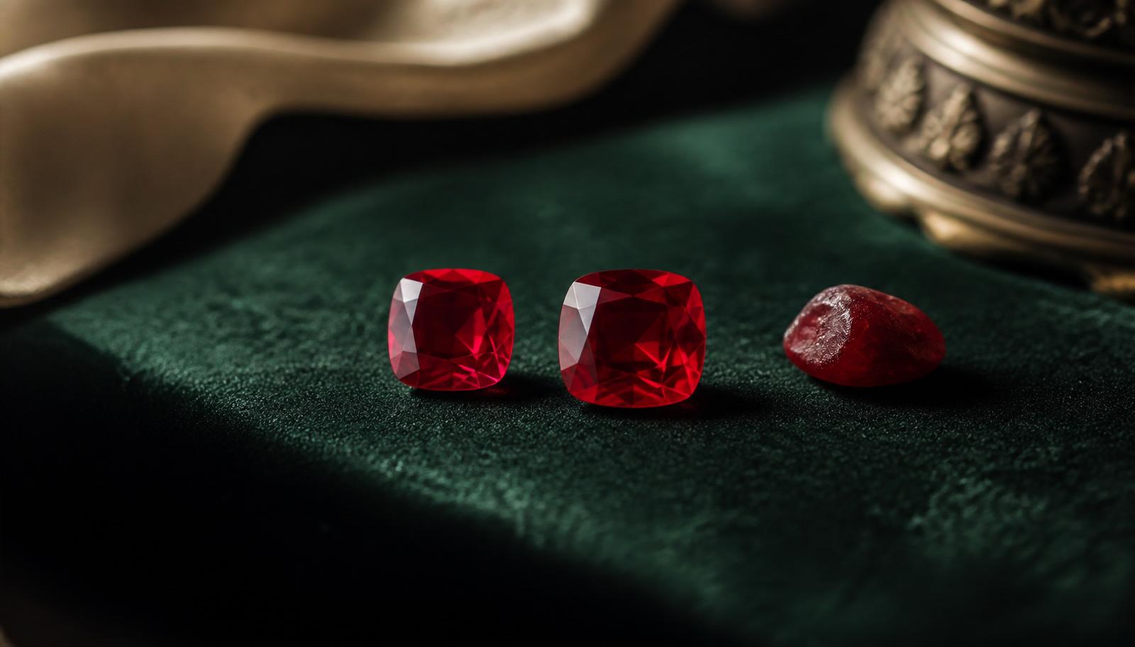 Losse robijnen in diep rood met één ruw robijnkristal op flessengroen fluweel — sfeerbeeld, geen determinatievoorbeeld.