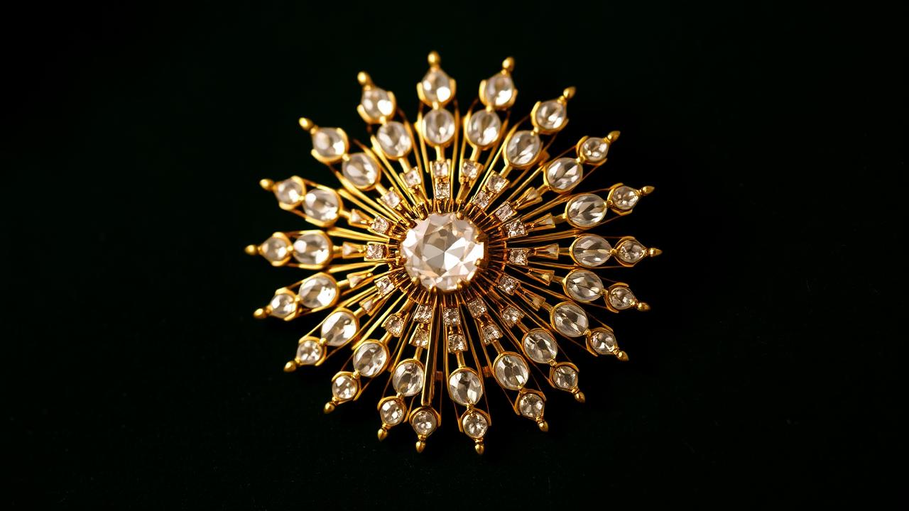 Mid-century jewellery with an organic shape on bottle-green velvet — mood image, not an example for determination.