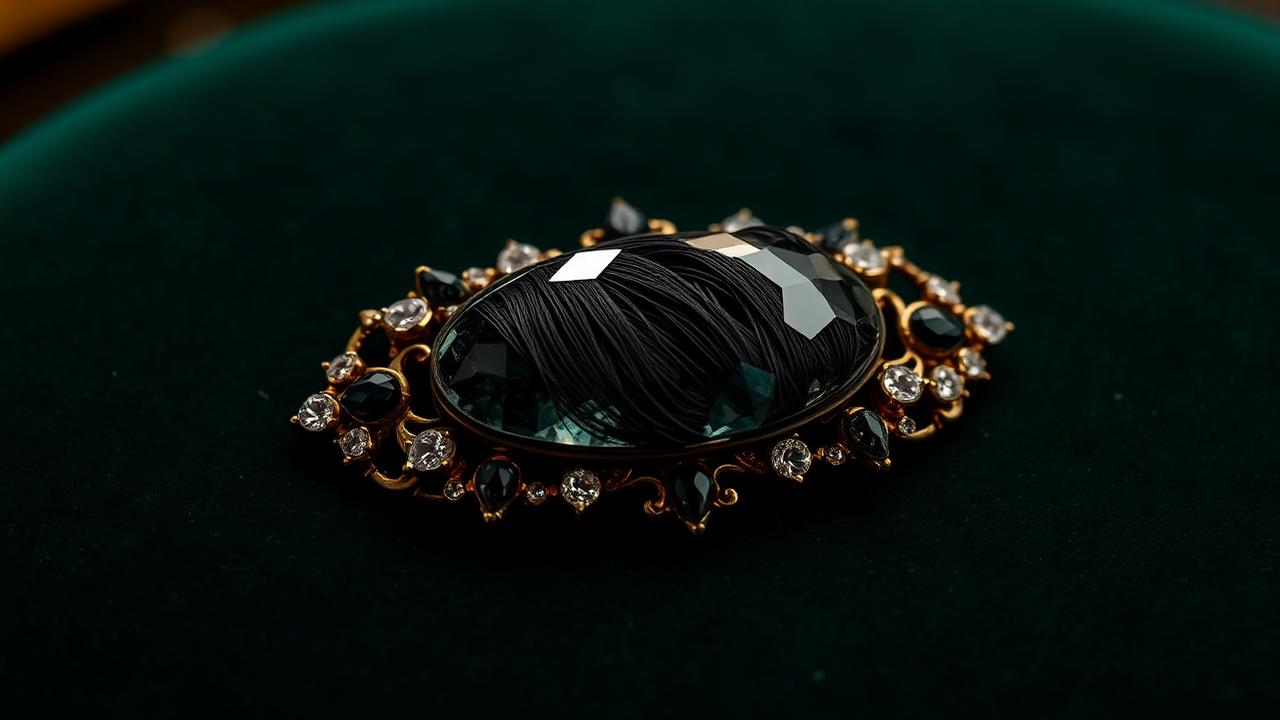 Victorian jewel on bottle-green velvet — mood image, not an identification example.