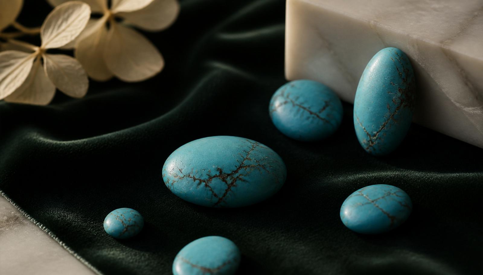 Losse turkoois-cabochons met natuurlijke matrix-adertjes op flessengroen fluweel — sfeerbeeld, geen determinatievoorbeeld.