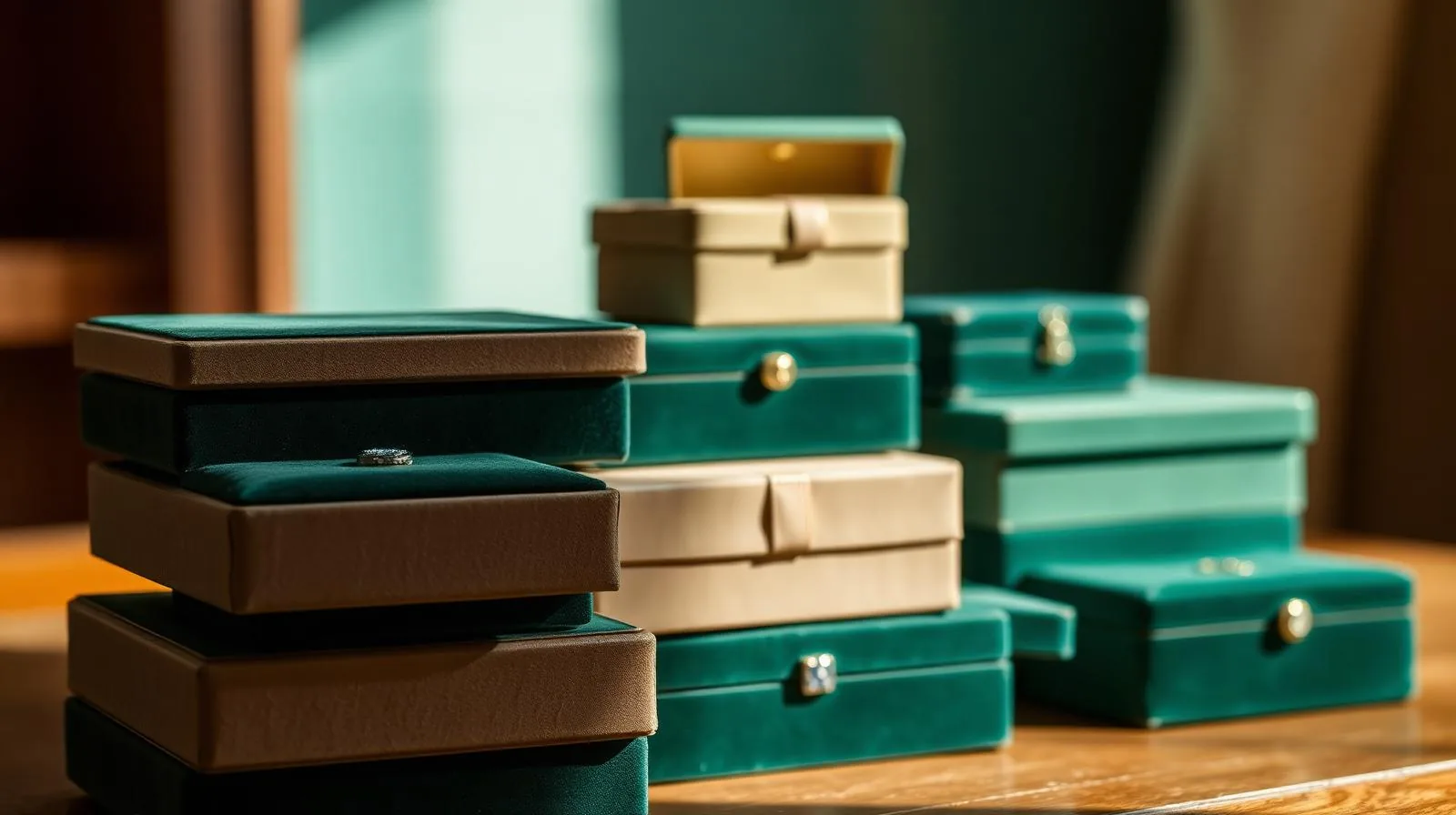 Stapel versleten juweliersetuis in gedempte tinten, vervaagd, zonder leesbare branding; sfeerbeeld, geen determinatievoorbeeld.