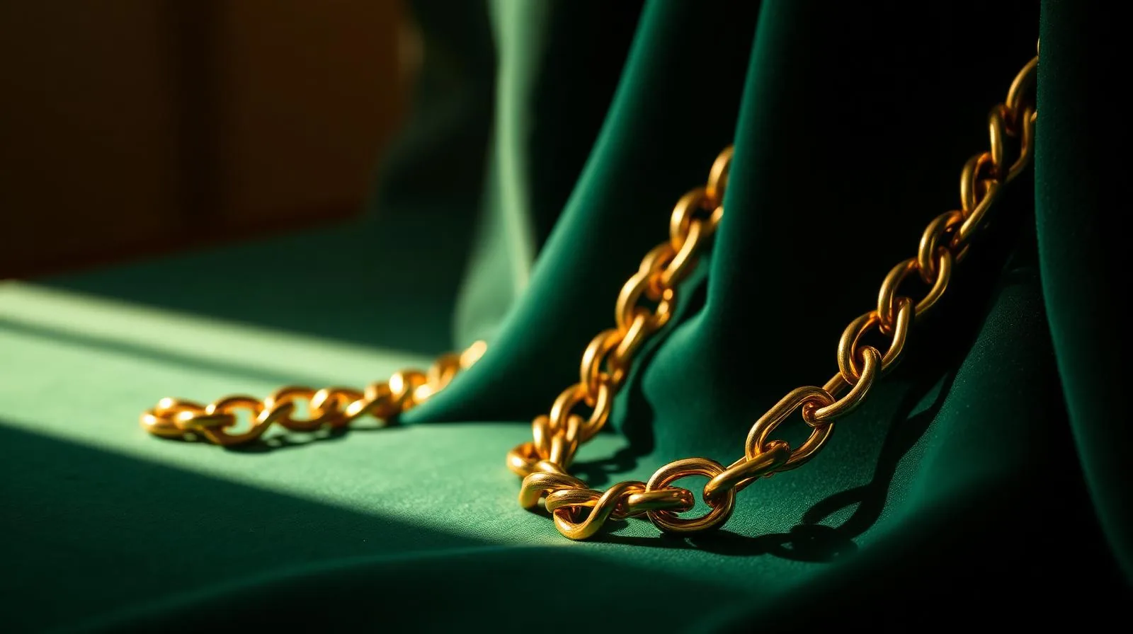 Zware gouden gourmet-schakels gedrapeerd op flessengroen fluweel; sfeerbeeld, geen determinatievoorbeeld.